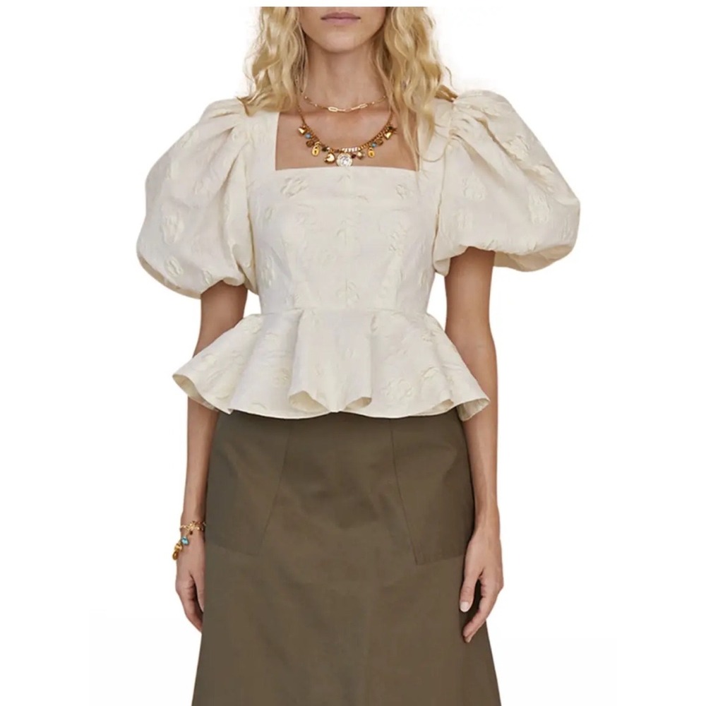 Hunter Bell NYC Conway Balloon Sleeve Peplum Top Ivory Floral Jacquard 12 NWT
